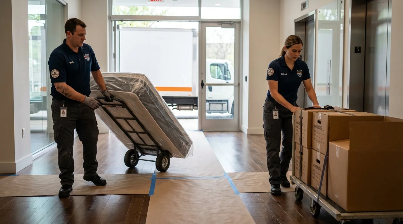 Professional apartment movers loading elevator in Pikeville, KY
