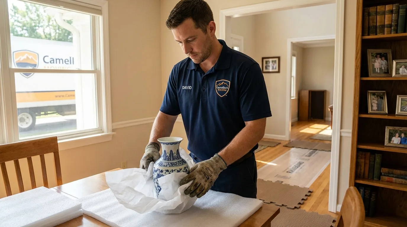 Professional crew carefully wrapping antique vase for senior downsizing move in Pikeville, KY